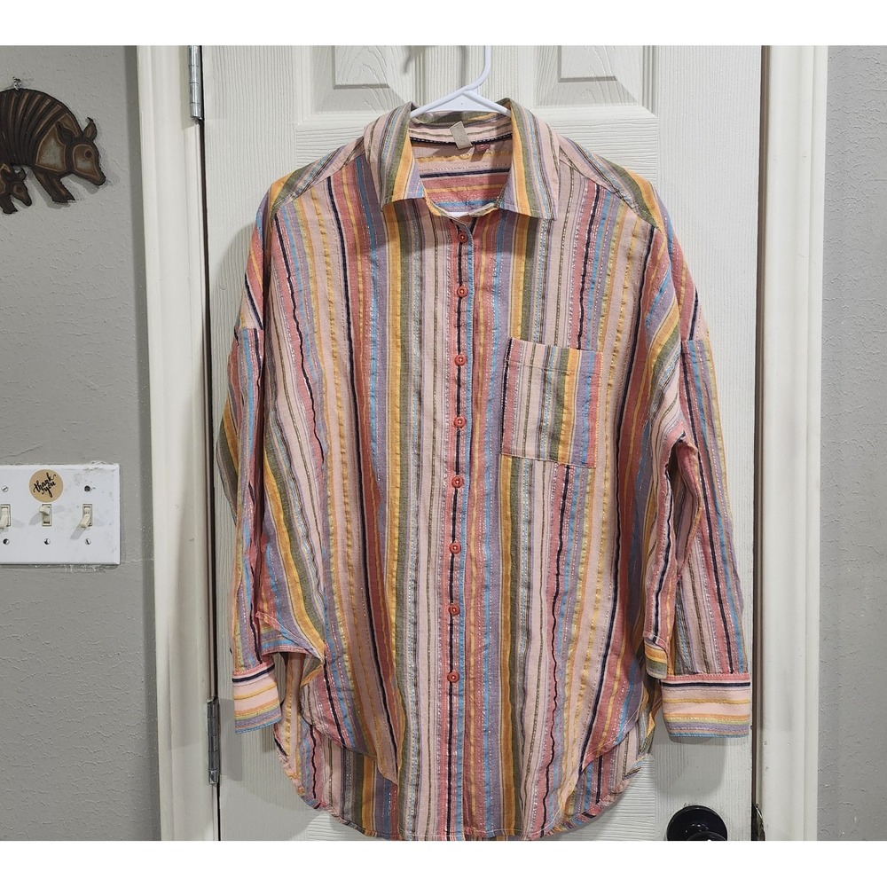 Pilcro XS Striped Button Up Shirt Metallic Thread Cotton Oversized Boho - Picture 12 of 13
